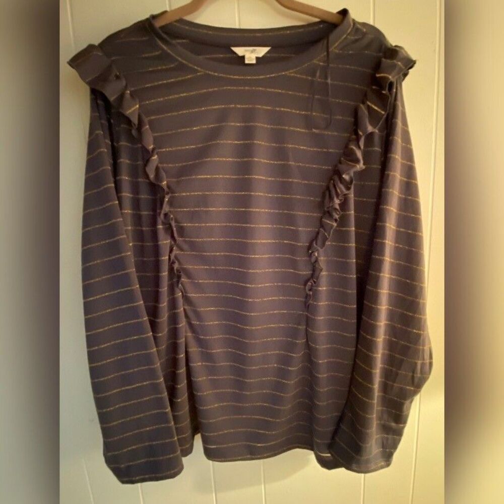 Terra & Sky Blouse Women’s 4X Gray Ruffled Gold Striped